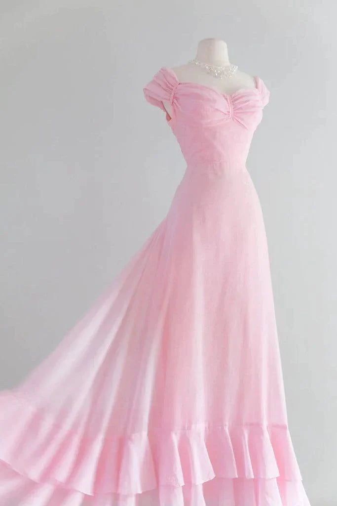 TingPo Wholesale Chic A Line Sweetheart Pink Satin Long Evening Dress Prom Dresses